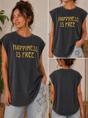 (A4) Pebby Forevee Women’s Washed Black Graphic Tee - "Happiness Is Free"
